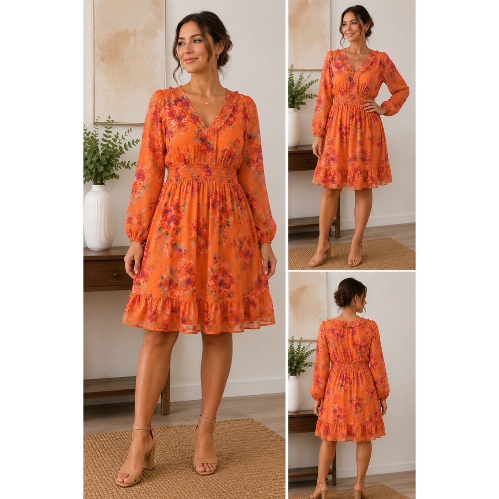 Jessica Simpson Floral Mini Dress L Orange Boho Long Sleeve Smocked